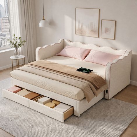 Letto nido imbottito beige in bouclé 90x200 cm estendibile a 180 cm con 2 cassetti e porta USB (1/5)