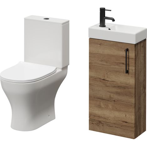 Napoli Cube Tobacco Oak 400mm Single Door Vanity Unit and Jubilee Toilet Suite with Align Basin - 400mm - Matt Black 160mm Handle