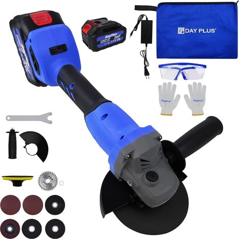 Meuleuse d'Angle Sans Fil 21V, Meuleuse d'Angle Électrique Brushless, Disque à Tronçonner en Bois avec Batterie de 6Ah et Chargeur, Tailles de Disques: 115 mm, 10 000 tr/min, Pour Meulage et Coupe (1/5)