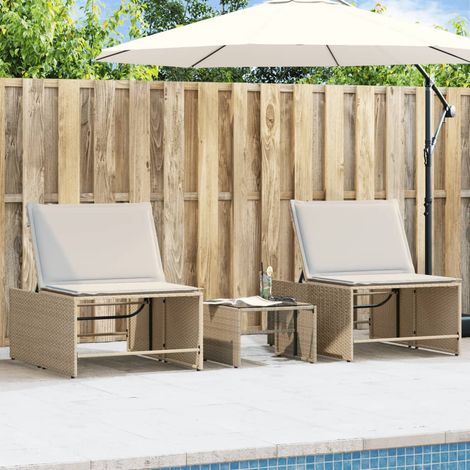 Lettini prendisole 2 pz con tavolo beige in polyrattan vidaXL