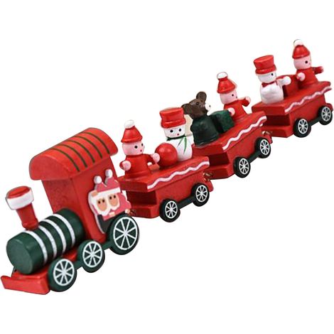 Petit train décoratif de Noël en bois rouge adorable joyeux pour fêtes sur rebord fenêtre et table - 1 pièce (1/4)