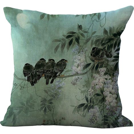 Housse De Coussin En Coton Et Lin Motif Fleurs Et Oiseaux Pour Salon Chambre Voiture 45x45cm (1/2)