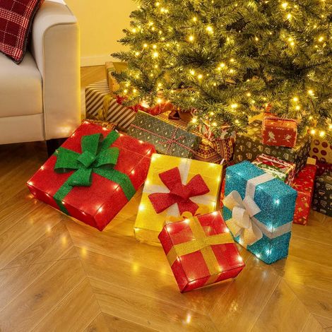 COSTWAY Lot de 4 Boîtes à Cadeaux Lumineuses de Noël avec 48 LED, Décoration de Noël Boîtes Cadeaux 2D Empilées Pré-éclairées de 4 Pieds avec Nœuds, pour Balcon Jardin Cour (1/5)