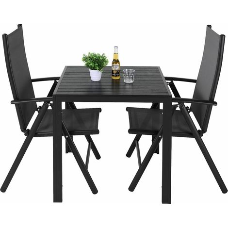 Set di mobili da giardino, set di tavolo e sedie da giardino, tavolo da esterno, sedie pieghevoli, alluminio (3 pezzi - 2 sedie + 1 tavolo, nero) (1/5)