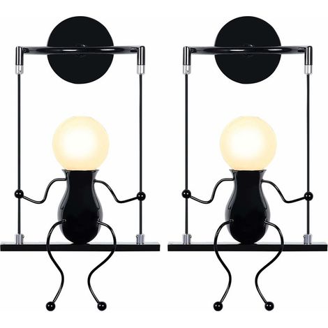 2 Stücke Wandleuchte Kreativ LED Humanoid Wandlampen Moderne Kleine Leute für Schlafzimmer, Kinderzimmer, Wohnzimmer, Treppe, Flur - Schwarz