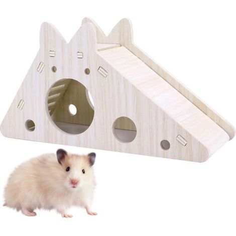 Cage en bois pour hamster - 1 pièce, échelle + toboggan + cachette - Convient aux gerbilles, souris et rats (1/5)