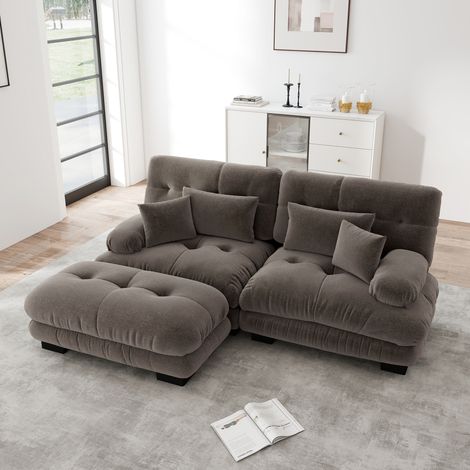 Canapé d’angle 220×145×81 cm en chenille marron avec poufs mobiles, style cloud et grand confort (1/5)