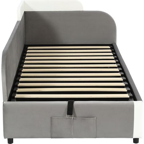 Cama infantil tapizada gris 90x200 cm con almacenaje hidráulico y barandilla suave (1/5)