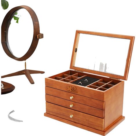 Boîte à bijoux, bois de haute qualité, 12,2 x 7,6 x 7,8 pouces, 4 niveaux, 3 tiroirs coulissants, treillis détachable (1/5)