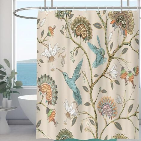 Rideau de douche résistant à la moisissure pour pièce humidepolyester, imperméable, avec 12 crochets, 180 x 180 cm (oiseau à fleurs blanches) (1/4)