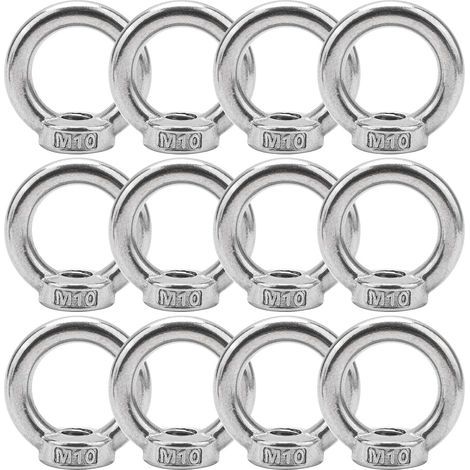 12 Stück M10-Ringmuttern aus Edelstahl, Edelstahlbeschläge, Ringösen zur Seilmontage, Hebezubehör, Oberflächenpolieren, Silber