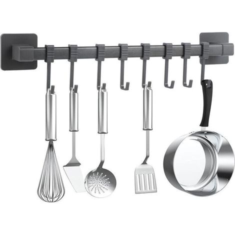 Patère de cuisine sans perçage, autocollante, noire, mobile ustensiles de cuisine, ustensiles de cuisine, porte-couteaux, 8 crochets (1/4)