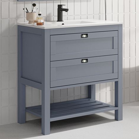 Meuble de salle de bain 80 cm simple vasque - pin massif - 2 tiroirs - sans miroir - bleu - PYLA (1/3)