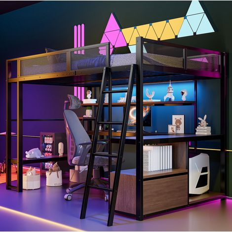 Bett Hochbett aus Metall schwarz 140x200 cm mit integriertem Schreibtisch, LED und Stauraum