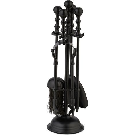Relaxdays – Serviteur de cheminée lot de 5 pièces – Outils en métal robuste – Tisonnier, pelle à cendres, balai, pince – Support rond noir