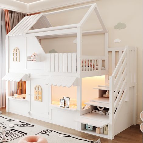 Kinder-Etagenbett in Hausform 90 x 200 cm Weiß mit Stauraumtreppe, LED und Regalen (1/5)