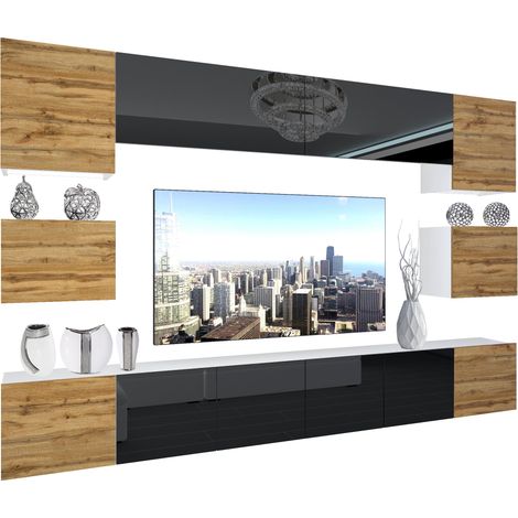 BELINI - Unité Murale TV NEX I Ensemble Muebles de Salon Complet I Ensemble Meuble TV avec Illumination LED I Dimensions: 300 x 180 x 36 cm I Coleur: chêne wotan/Noir très Brillant 2