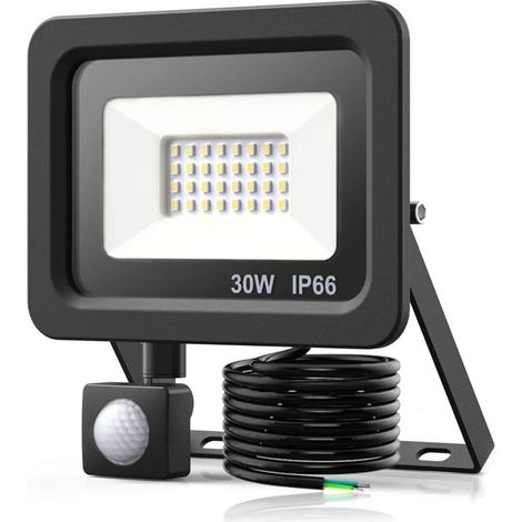 Projecteur LED à capteur de mouvement 30W, projecteur LED à capteur de mouvement extérieur 2400LM, projecteur LED extérieur étanche IP66 6500K avec câble de 1,5 m pour jardin, cour, cour, maison (1/5)