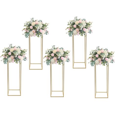 Lot de 5 supports à fleurs en métal doré de 80 cm (31,5 pouces) pour mariage, avec vases colonnes et supports géométriques rectangulaires. Décoration idéale pour les mariages et les fêtes. (1/5)