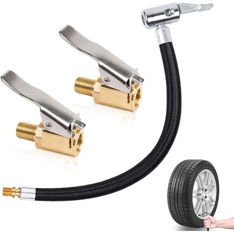 Embout Gonflage Pneu Voiture,Adaptateur Valve Pneu,Tuyau de Gonflage de Pneu 10cm avec 2 Embout de Gonflage,Air Mandrin Pompe de Gonflage Valve Clip Pince Connecteur Adaptateur,pour Voiture Camions (1/5)
