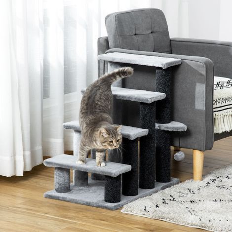 PawHut Katzentreppe 4-stufige Haustiertreppe mit Kratzsäulen Ball Hundetreppe Tiertreppe für Katzen Plüsch Jute Grau 60 x 40 x 64 cm