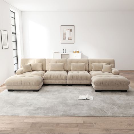 Divano modulare in ciniglia color caffè chiaro, 4 posti con pouf mobili (1/5)