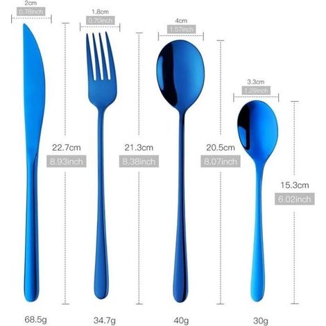 Ensemble de couverts, vaisselle en acier inoxydable, couteau de table, fourchette, cuillère, cuillère à thé (bleu, 4 pièces) (1/4)