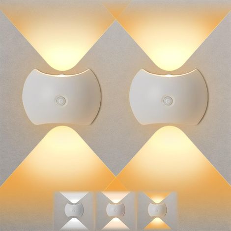 2 Pièces Applique Murale Intérieure Sans Fil avec Détecteur de Mouvement Led Lampe Murale Rechargeable 3 Modes 3 Couleurs Réglables 1200 mAh Sans Perçage pour Couloir Escalier Chambre Blanc Chaud (1/5)