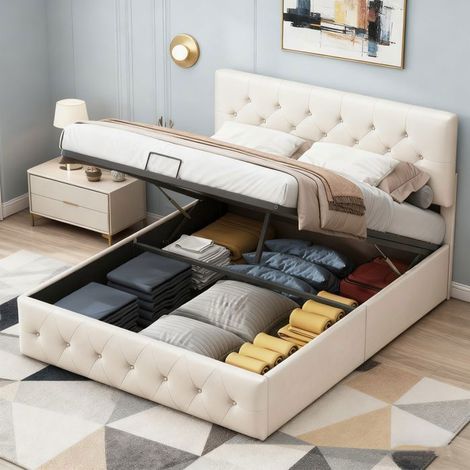Letto contenitore 140x200 cm con spazio di stoccaggio - letto matrimoniale con rete a doghe - tessuto in velluto - bianco sporco (1/5)