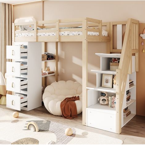 Cama alta moderna de madera natural 90x200 cm con somier de láminas, 4 cajones, estantería de 3 niveles y escalera segura (1/5)