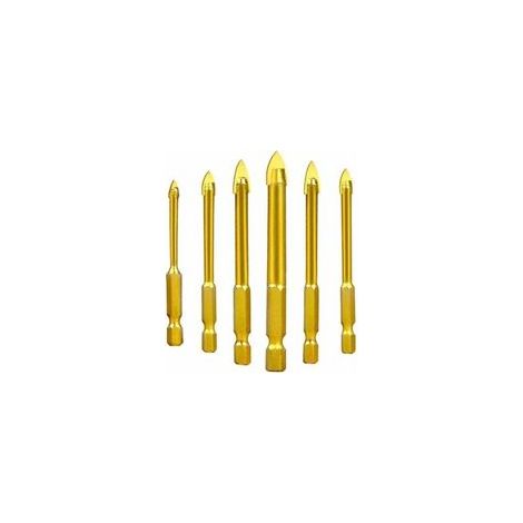 Un ensemble de 6 forets en carbure de tungstène, adaptés au verre, à la céramique, aux carreaux et au cristal, à tige hexagonale, revêtus de titane, dans les tailles de 3 mm, 4 mm, 5 mm, 6 mm, 8 mm et (1/5)