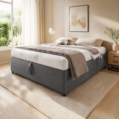 Cama doble 140x200 cm con almacenaje, USB y Tipo C, gris, sin cabecero - CHICFURN (1/5)