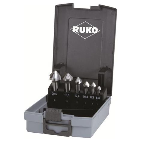 Juego  de  avellanadores  cónicos  y  desbarbadores  RUKO  de  6  piezas.  DIN  335  Forma  C  90°  HSS  Ø  6,3  -  20,5  mm  en  casete  de  plástico  -  102152RO