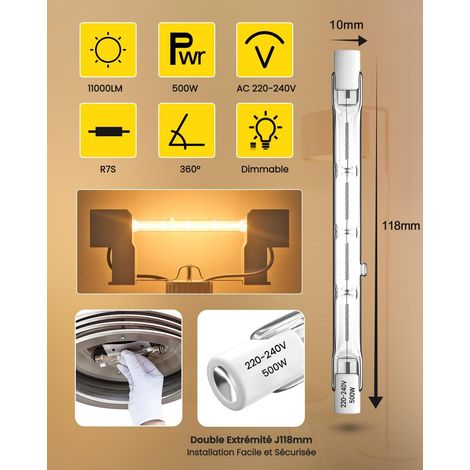 Confezione da 2 lampadine alogene a matita R7s 500W 118mm, lampadine alogene dimmerabili bianco caldo 2800K, lampadine lineari a doppia estremità T3 J118, 11000LM per lavoro, sicurezza, paesaggio (1/4)