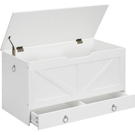 Banc de Rangement, Coffre à Jouets avec Tiroirs, Coffre de Rangement, avec charnière de sécurité, 100 cm, pour Enfants, Couloir, Salon, Blanc (1/5)