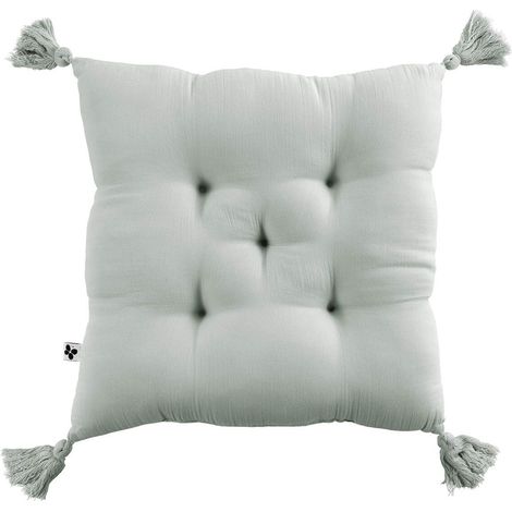 OUREA - Coussin Capitonné 40x40cm avec Pompons Gaze de Coton Eucalyptus (1/3)