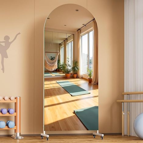 Hasipu Ganzkörperspiegel 190 x 70 cm, 360° Drehbar Standspiegel mit Rollen, Gehärtetes Glas, Gewölbter Home Gym Spiegel Tanzspiegel für Schlafzimmer Fitnessraum Yoga
