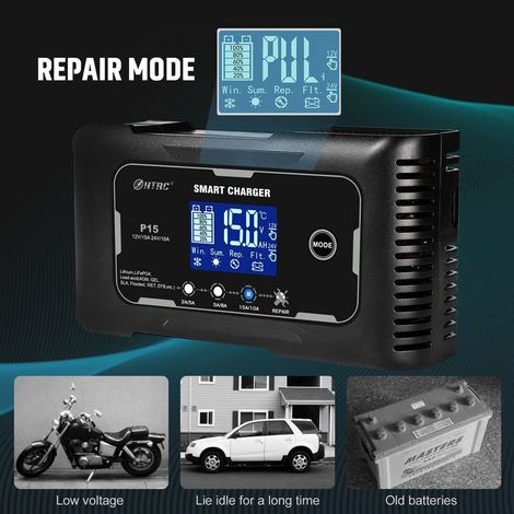 Chargeur de Batterie au Lithium 15A 12V et 24V, Chargeur de Batterie au Plomb (AGM/Gel/SLA...), Mainteneur et Désulfateur de Batterie pour Voiture,Bateau,Moto,Tondeuse,etc (1/5)