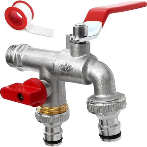 1 Robinet Double Laiton, Entrée 1/2 Pouces, Sorties 3/4 Pouces, Résistant Gel, Pour Jardin, Machine À Laver (1/5)