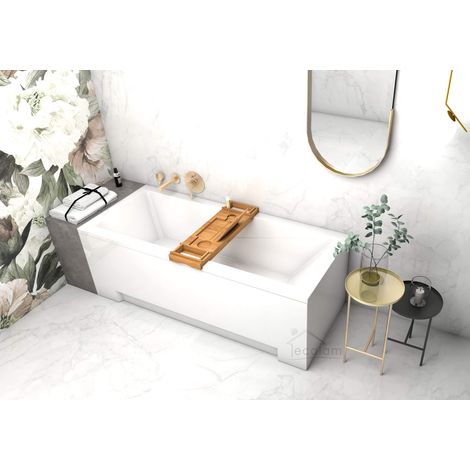 ECOLAM Badewanne Wanne Rechteck 150x70 cm Modern Design Acryl weiß + Ablage Bambus + Schürze Ablaufgarnitur Füße Silikon Komplett-Set