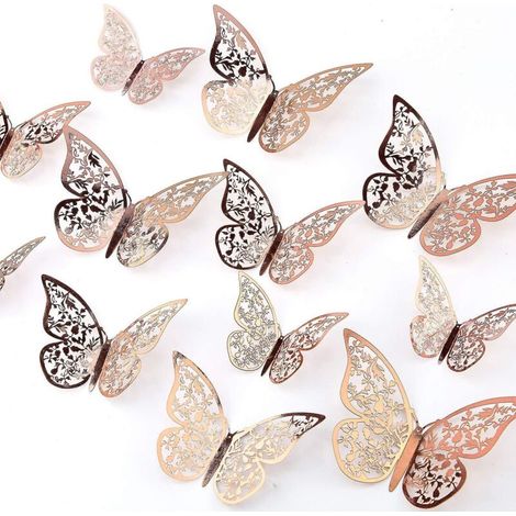 Ensemble de 12 stickers muraux papillons 3D dorés en 3 tailles pour chambre, mariage et décoration de fête (1/4)