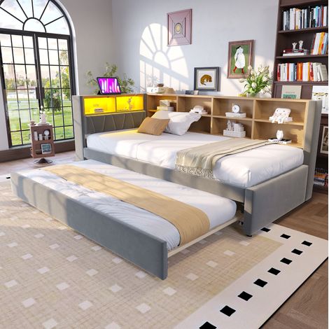 Divano letto 90x200 cm grigio scuro in flanella con letto estraibile, LED e prese di ricarica (1/5)