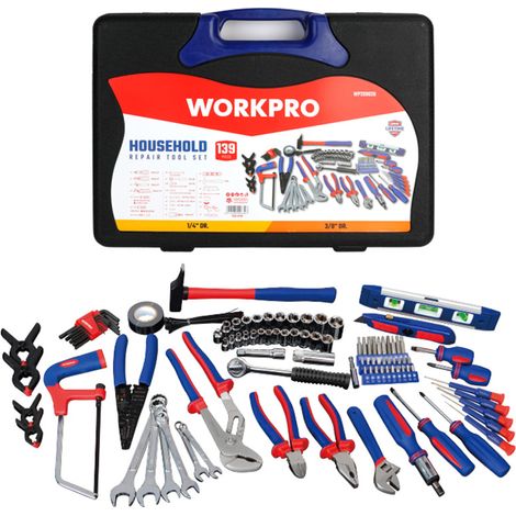 WORKPROSet de Utensili per la casa, 139 pezzi, include martello, pinze, chiavi, cacciaviti, bussole metriche, con valigetta di trasporto