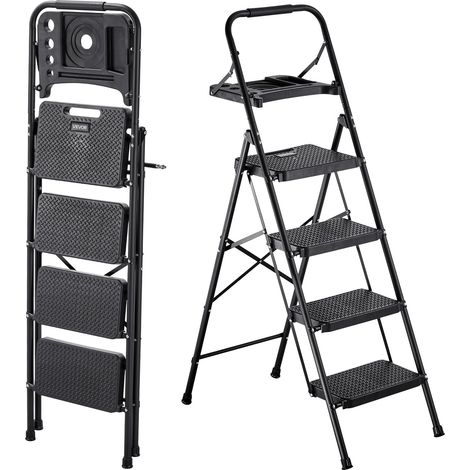 Escabeau Pliant 4 Marches Marchepied Pliable Charge 272 kg Échelle Domestique Acier pour Cuisine, Bureau, Travaux Ménagers, avec Large Marche Antidérapante, Plateau Porte-outils, Poignée, Noir (1/5)