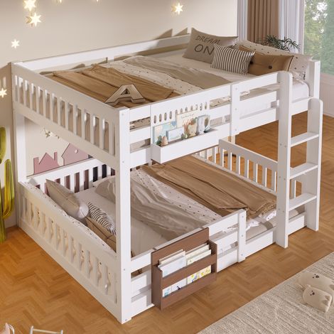 Lit superposé enfant 140x200cm avec 2 rangements latéraux Lit enfant avec échelle et garde corps sans matelas Pin Métal MDF Blanc (1/5)