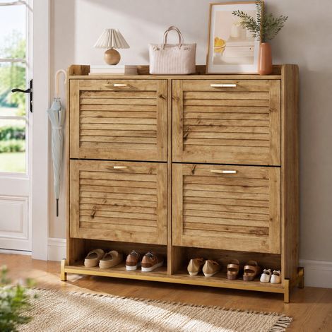 MEUBLIV meuble à chaussures bois 108,5x24x100 cm – 4 portes, étagère et cadre métal (1/5)