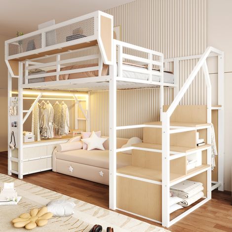 Lit mezzanine en métal 140 x 200 cm, équipé d'un compartiment de rangement, d'une penderie simple, d'un tiroir en tissu, d'une barre de suspension et d'un panier de rangement amovible, avec éclairage (1/5)