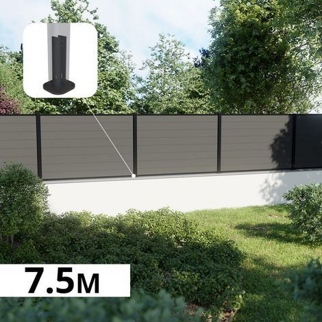 Kit Clôture Composite sur Muret RIO Platine 7,5x1,2m - Bois composite & Aluminium - Poteaux sur Platines Noir - Brise vue