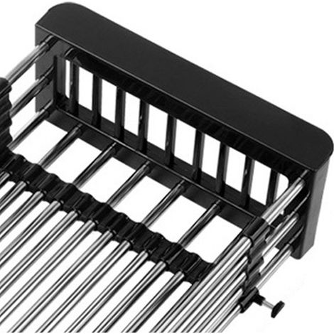 Égouttoir de cuisine noir grand format en acier inoxydable extensible, support pour évier, range-couverts et vaisselle réglable. (1/3)