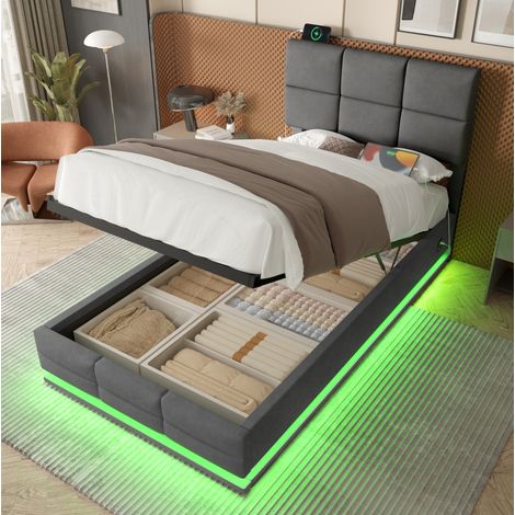 Cama moderna 90x200 cm de terciopelo gris oscuro con cabecero regulable, LED regulable, USB y arcón (1/5)